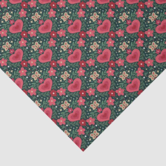 Holiday Hearts & Flowers Pattern–Red, Green & Gold Tissuepapier (Detail)