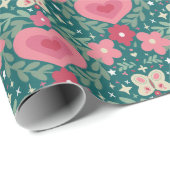 Holiday Hearts & Flowers – Soft Red, Green & Gold Cadeaupapier (Rol Hoek)