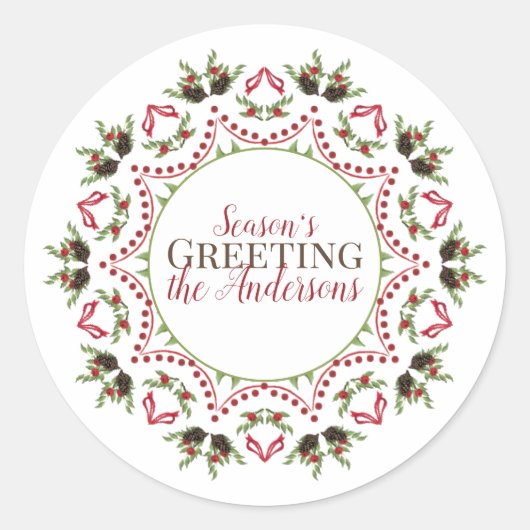 Holiday Holly Circle Mandala Kerstlegant Ronde Sticker (Voorkant)
