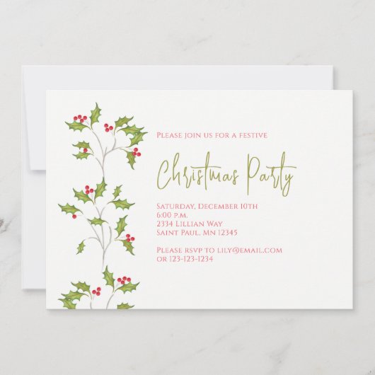 Holiday Holly Editable Invitation Kaart (Voorkant)