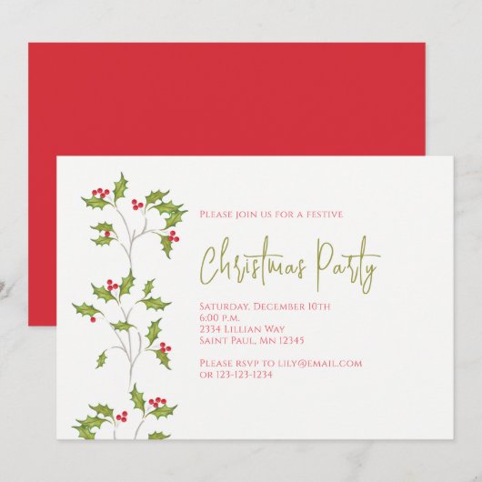 Holiday Holly Editable Invitation Kaart (Voorkant / Achterkant)