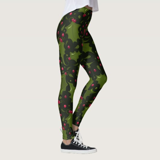 Holiday Holly en Berries op Donkergroen Leggings (Rechts)