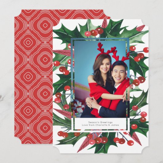 Holiday Holly Foto Lijst Persoonlijk Feestdagenkaart (Voorkant / Achterkant)
