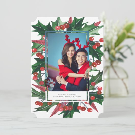 Holiday Holly Foto Lijst Persoonlijk Feestdagenkaart (Staand voorkant)
