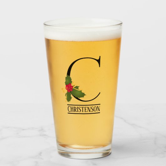 Holiday Holly Monogram C Persoonlijke bier Glas (Voorkant gevuld)