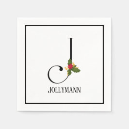 Holiday Holly Monogram Letter J Paper Napkin Servet
