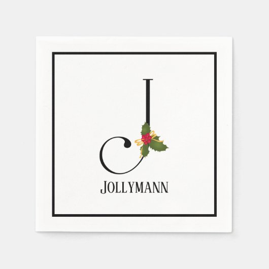 Holiday Holly Monogram Letter J Paper Napkin Servet (Voorkant)