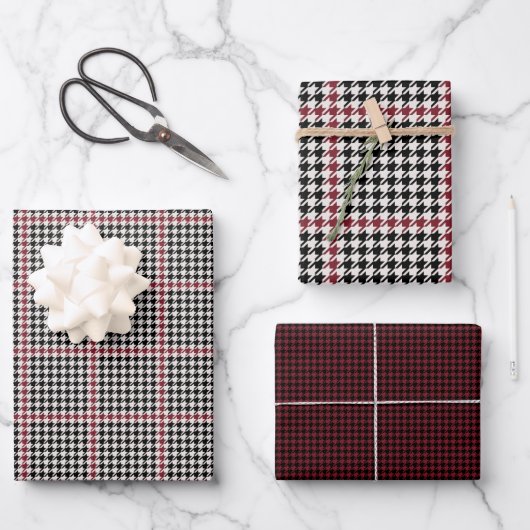 Holiday houndstooth klassiek zwart rood coördinere inpakpapier vel (Voorkant)