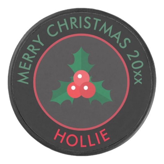Holiday Ice Hockey Puck / Kerstmis Holly Black (Voorkant)