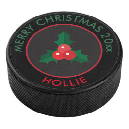Holiday Ice Hockey Puck / Kerstmis Holly Black