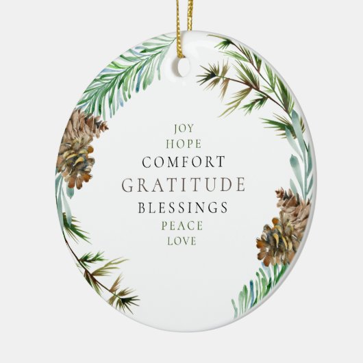 Holiday Joy Hope Peace Love Pine Cone Custom Name Keramisch Ornament (Links)