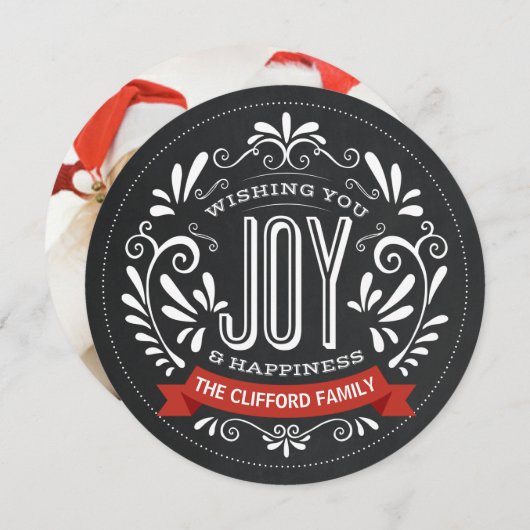 HOLIDAY JOY ROUND CHALKBOARD FOTO CARD FEESTDAGENKAART (Voorkant / Achterkant)