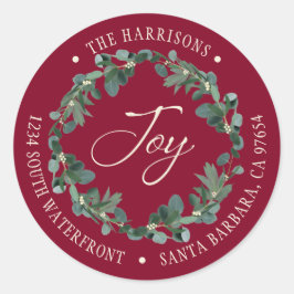 Holiday Joy Wreath Bourgondië Retouradres Ronde Sticker