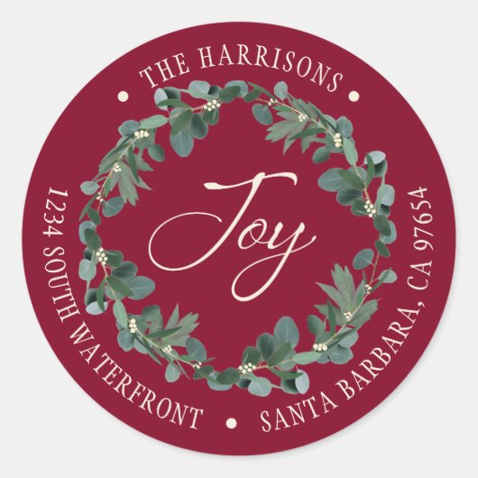 Holiday Joy Wreath Bourgondië Retouradres Ronde Sticker (Voorkant)