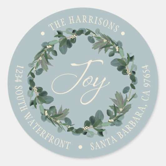 Holiday Joy Wreath Dusty Blue Return-adres Ronde Sticker (Voorkant)
