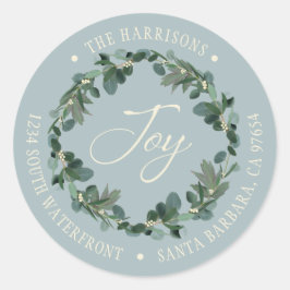 Holiday Joy Wreath Dusty Blue Return-adres Ronde Sticker