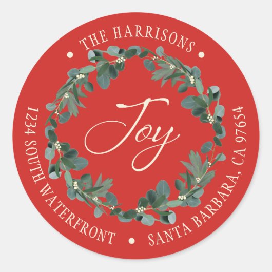 Holiday Joy Wreath Red retouradres Ronde Sticker (Voorkant)