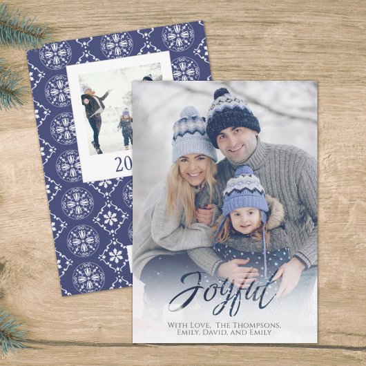 Holiday Joyful Script Blue White Snowflake 1 foto Feestdagenkaart