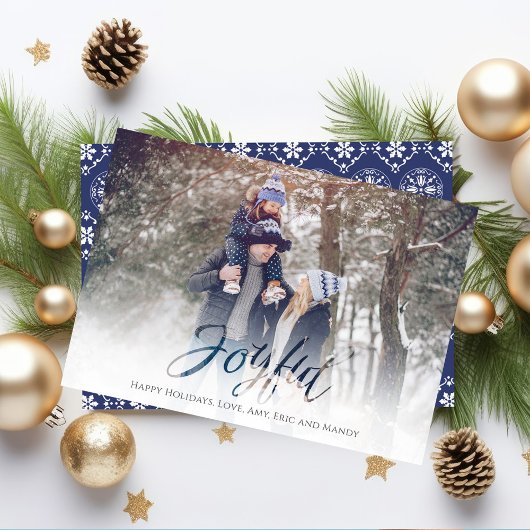 Holiday Joyful Script Blue White Snowflake 1 foto Feestdagenkaart