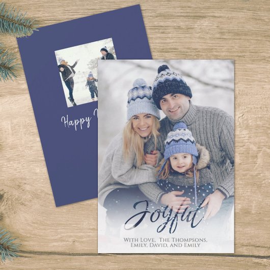 Holiday Joyful Script Blue White Snowflake 1 foto Feestdagenkaart