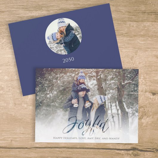 Holiday Joyful Script Blue White Snowflake 2 Foto Feestdagenkaart
