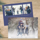 Holiday Joyful Script Blue White Snowflake 4 Foto Feestdagenkaart