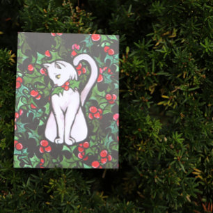 Holiday Kerstmis Holly White Cat Briefkaart