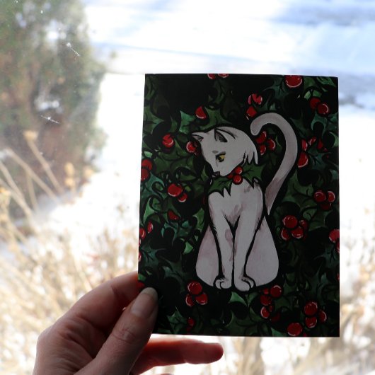 Holiday Kerstmis Holly White Cat Kaart