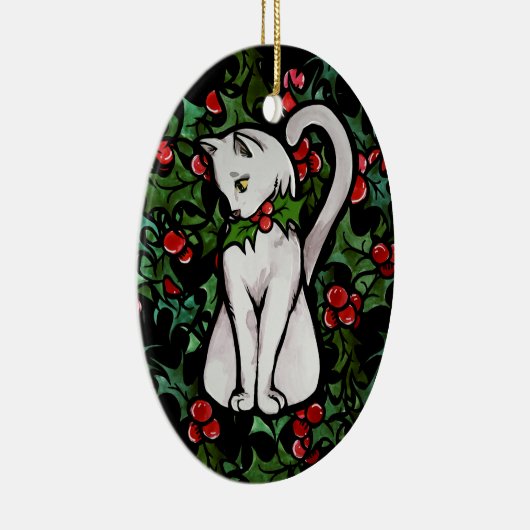 Holiday Kerstmis Holly White Cat Keramisch Ornament (Rechts)