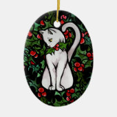 Holiday Kerstmis Holly White Cat Keramisch Ornament (Voorkant)