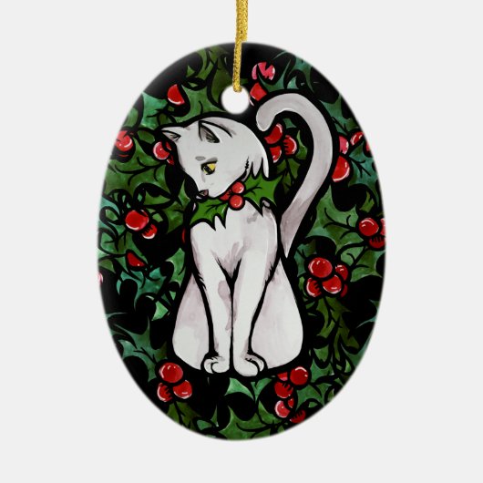 Holiday Kerstmis Holly White Cat Keramisch Ornament (Voorkant)