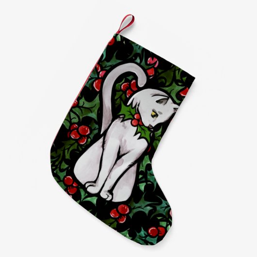 Holiday Kerstmis Holly White Cat Kleine Kerstsok (Voorkant (Hangend))