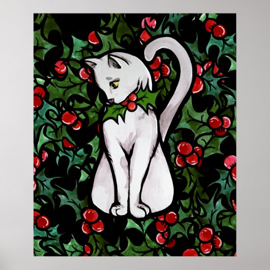 Holiday Kerstmis Holly White Cat Poster (Voorkant)