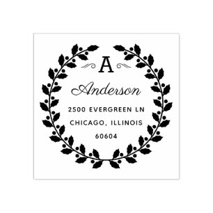 Holiday Laurel Elegant Monogram Return Address Rubberstempel