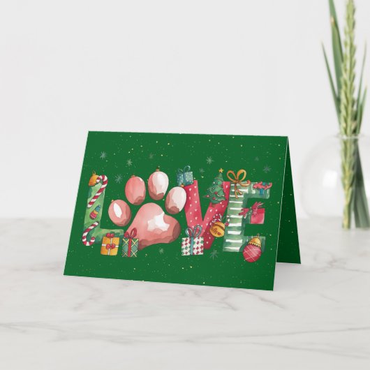 Holiday Love Pet Paw Merry Christmas Kaart Groen (Voorkant)