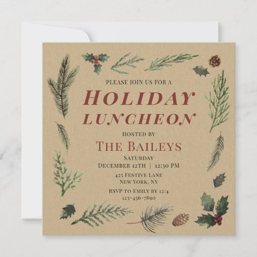 Holiday Luncheon Kerstmis Roustic Winter Floral Kaart (Voorkant)