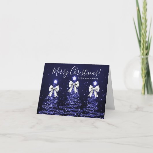 Holiday Navy Blue Christmas Trees Greeting Silver  Feestdagen Kaart (Voorkant)