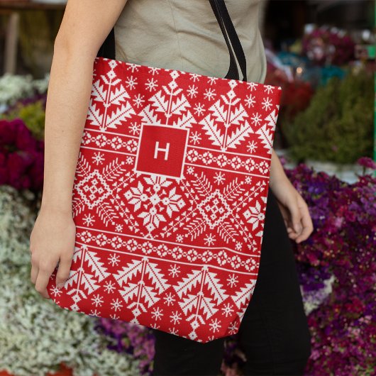 Holiday Nordic Sweater Pattern Monogram Tote Bag