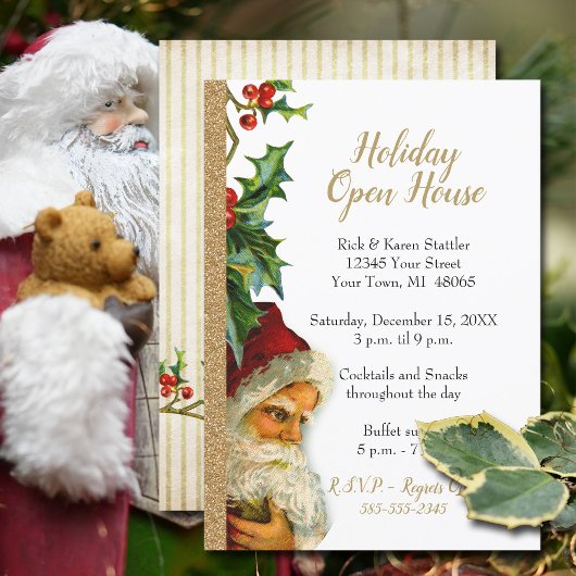 Holiday Open House Gold Glitter Santa Holly 5x7 Kaart