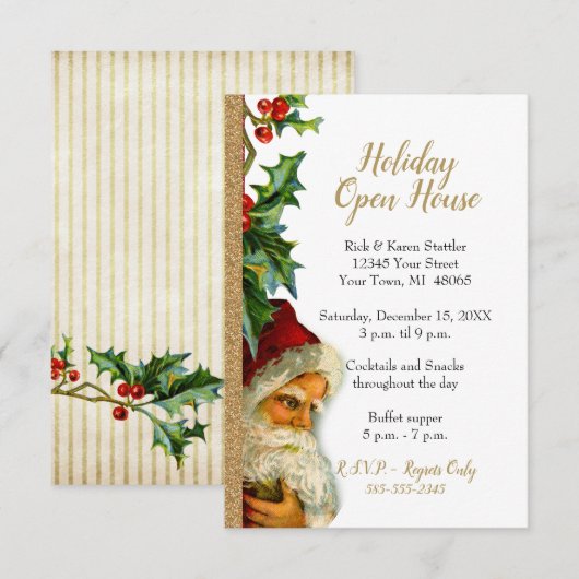 Holiday Open House Gold Glitter Santa Holly Kaart (Voorkant / Achterkant)