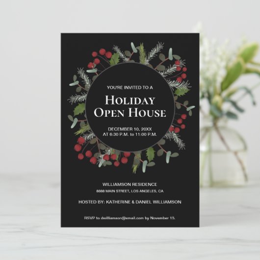 Holiday Open House hulstkrans feestelijke familie Kaart (Staand voorkant)