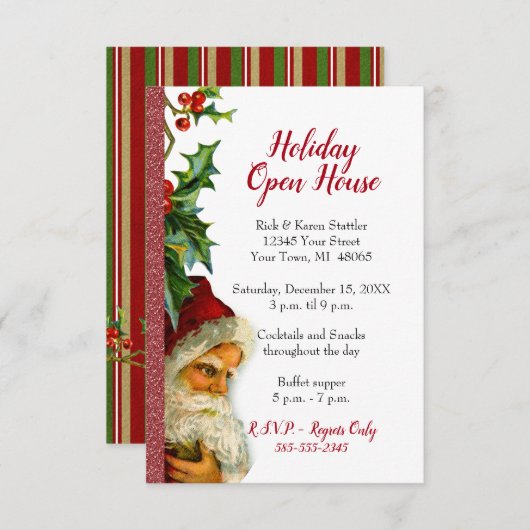 Holiday Open House Red Glitter Santa Holly Kaart (Voorkant / Achterkant)