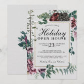 Holiday Open House Rustic Red Floral Kaart (Voorkant / Achterkant)