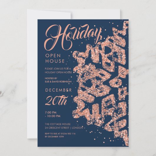Holiday Open Huis Roos Gold Glitter Navy Kaart (Voorkant)