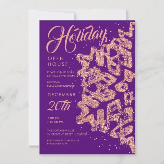 Holiday Open Huis Roos Gold Glitter Paarse Kaart (Voorkant)