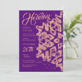 Holiday Open Huis Roos Gold Glitter Paarse Kaart (Staand voorkant)