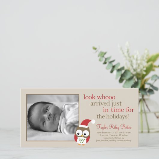 Holiday Owl Baby geboorteaankondiging Feestdagenkaart (Staand voorkant)