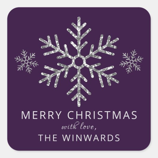Holiday Paarse Silver Glitter Kerstmis Snowflake Vierkante Sticker (Voorkant)