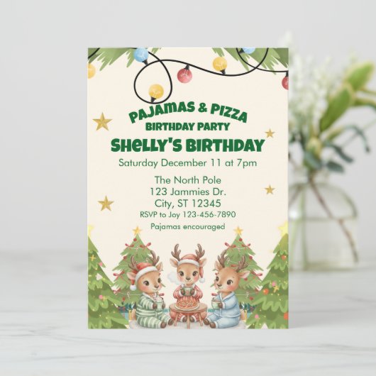 Holiday Pajama Pizza Birthday Party, reindeer Kaart (Staand voorkant)