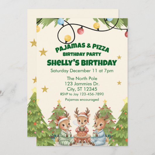 Holiday Pajama Pizza Birthday Party, reindeer Kaart (Voorkant / Achterkant)